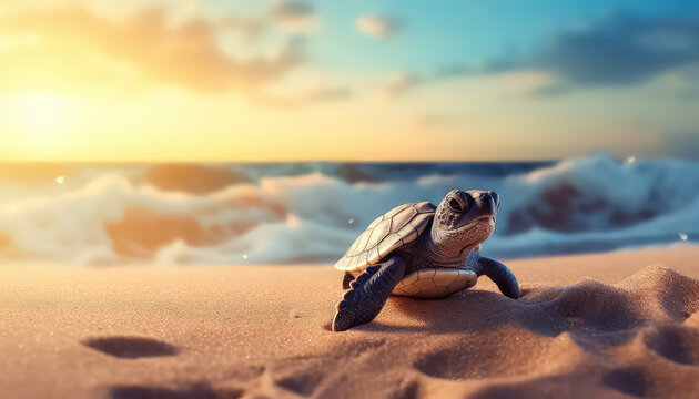 Little turtle on clean beach at sunset , Environmental eco safe Conservation