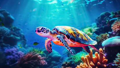 Fototapeta na wymiar A large turtle swims in a clear ocean , Environmental eco safe Conservation