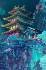 Obraz premium Japanese temple with some of its features drawn in 3d.