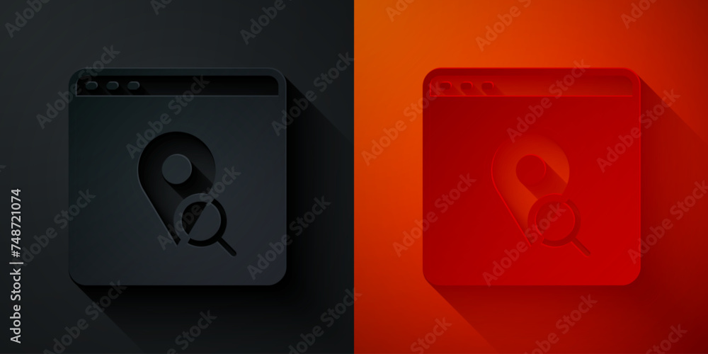 Poster paper cut infographic of city map navigation icon isolated on black and red background. mobile app i