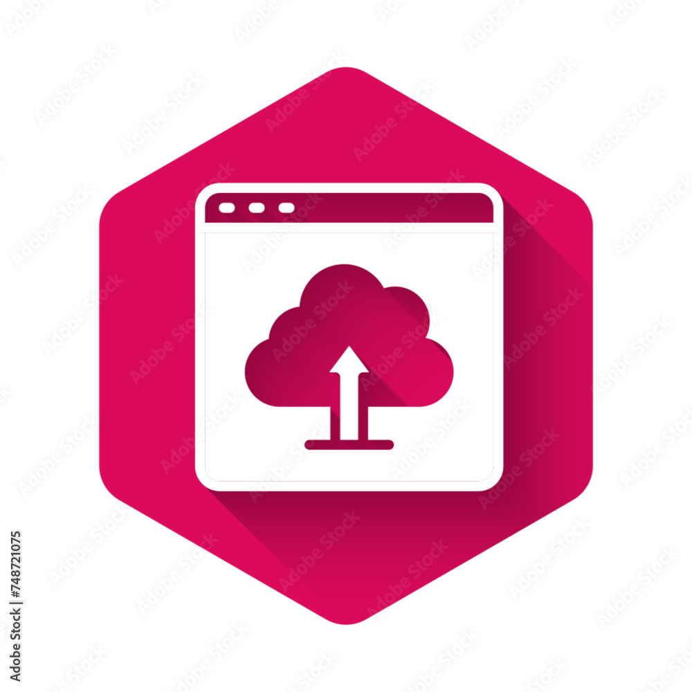 Poster white cloud upload icon isolated with long shadow background. pink hexagon button. vector