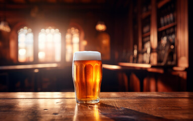 Fresh glass of beer on bar table with bokeh background and empty space for text.
