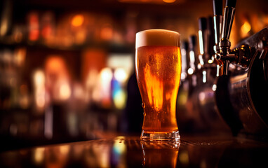 Fresh glass of beer on bar table with bokeh background and empty space for text.