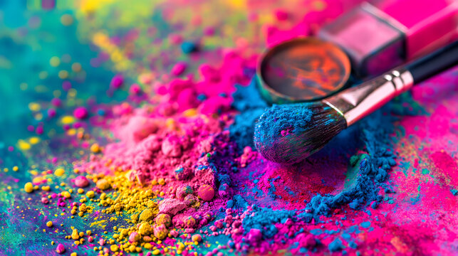 Vibrant colorful piles of pigment powders and paint brushes on colorful background at the right side of image. Suitable for Holi festival presentations or banner design.
