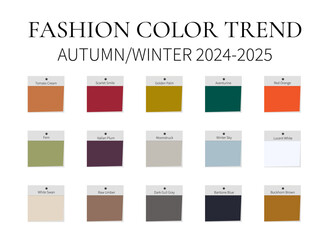 Fashion Color Trend Autumn - Winter 2024 - 2025. Trendy colors palette guide. Fabric swatches with color names. Easy to edit vector template for your creative designs.