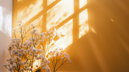 Beautiful bouquet over yellow wall with long cast shadows from window. - obrazy, fototapety, plakaty