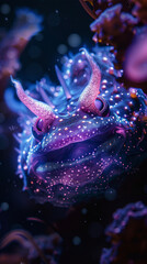 Macro close up of a cosmic sea slug in a dark sea with eyes and a grin.