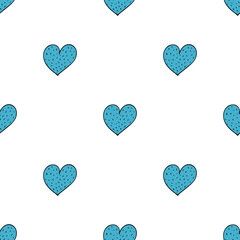 Doodle seamless square pattern with cute light-blue hearts. Simple texture for wrapping paper, for textiles. Colored doodle style pattern on changeable white background. Hand drawn sketch.