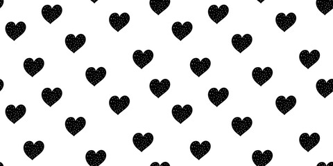 Doodle seamless horizontal pattern with cute black hearts. Simple texture for wrapping paper, for textiles. Monochrome doodle style pattern on changeable white background. Hand drawn sketch.