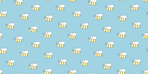 Doodle seamless horizontal pattern with cute small bees. Kids texture for wrapping paper, for textiles. Boy's pattern. Colored doodle style pattern on changeable blue background. Hand drawn sketch.