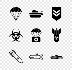 Set Parachute, Military tank, Chevron, Biohazard rocket, Submarine, symbol and with first aid kit icon. Vector