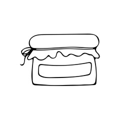 Doodle illustration with simple honey jar.Glass storage jar for honey or jam. Canned foods. Black monochrome doodle style elements isolated on white background. Hand drawn sketch.