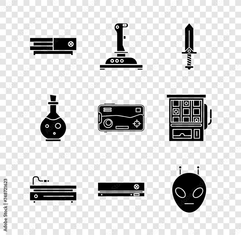 Poster set video game console, joystick for arcade machine, sword, alien, bottle with magic elixir and mobi