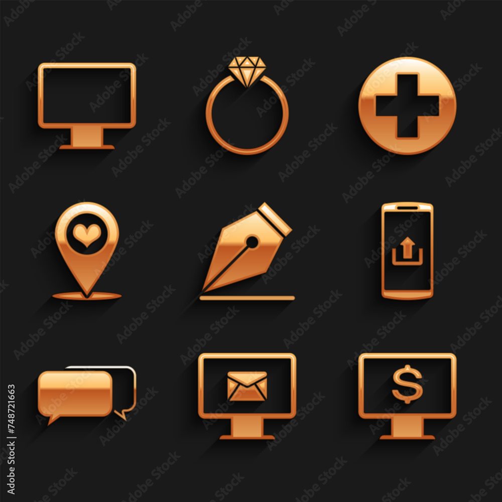 Poster set fountain pen nib, monitor and envelope, with dollar, smartphone upload, chat and map pointer hea