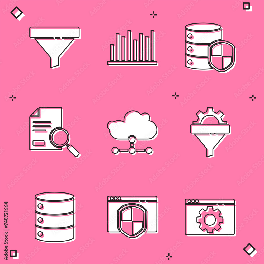 Poster set sales funnel, pie chart infographic, server with shield, document search, network cloud connecti