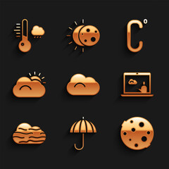 Set Cloud, Umbrella, Moon, Weather forecast, Fog and cloud, Sun, Celsius and Meteorology thermometer icon. Vector
