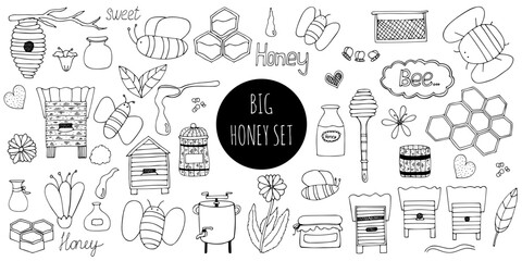 Doodle honey big elements set. Honey production. Foods, tools, beehives and cute bees. Black monochrome doodle style elements isolated on white background. Hand drawn sketch. - obrazy, fototapety, plakaty