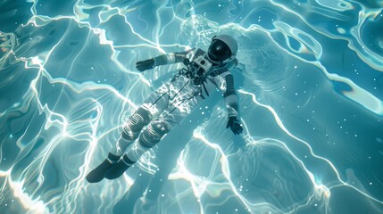 Astronaut swimming gracefully in a cosmic pool galaxies reflecting on the waters surface minimal and elegant - obrazy, fototapety, plakaty