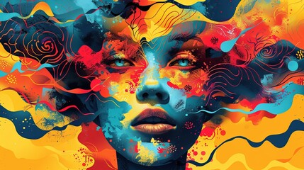 A striking digital artwork featuring a woman's face enveloped in a burst of abstract, colorful swirls, and expressive splashes. psychedelic therapy