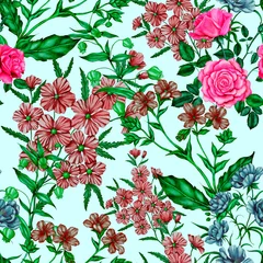  Watercolor seamless pattern with garden flowers. Vintage spring or summer floral pattern. Flower seamless pattern. Botanical art. Wedding floral set. Watercolor botanical design.  © Natallia Novik