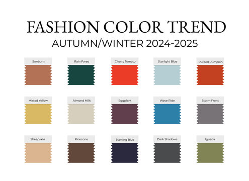 Fashion Color Trend Autumn - Winter 2024 - 2025. Trendy colors palette guide. Fabric swatches with color names. Vector template for your creative designs.