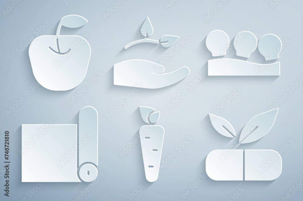 Wall mural Set Carrot, Vacuum cans, Fitness mat roll, Medical pill with plant, Leaf in hand and Apple icon. Vector