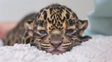 closeup of tiny baby leopard cub face, newborn animal photography