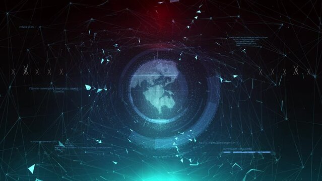 Circuit board with moving electrons and glowing lines. Data flow on the motherboard. Glowing circuit boards and electronic components. digital communication, cloud computing, processing. World map