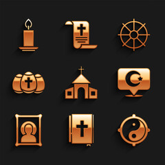 Set Church building, Holy bible book, Yin Yang, Star and crescent, Christian icon, Easter egg, Dharma wheel and Burning candle icon. Vector