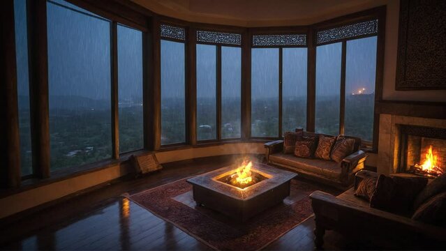 a night view, middle east room with Propane Fire Pit ,empty room with windows, a night view of the city