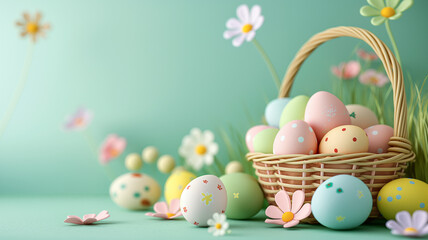 3D Easter eggs in a basket on a blue-green background. Happy Easter greeting template with copy space.