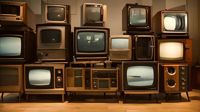 Vintage televisions stacked in a unique display
