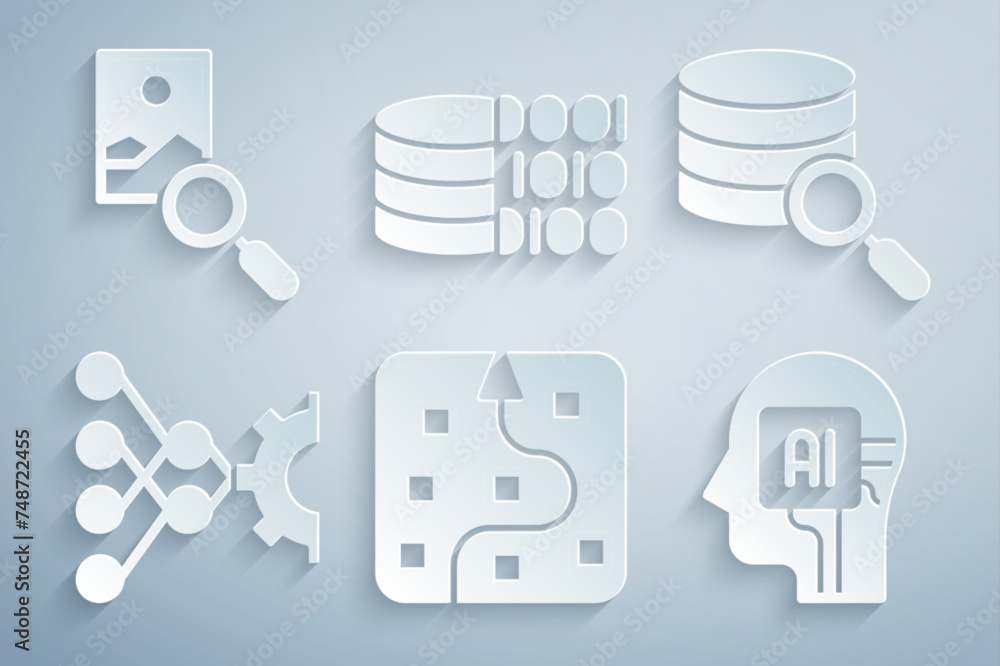 Poster set neural network, server, humanoid robot, binary code and photo retouching icon. vector