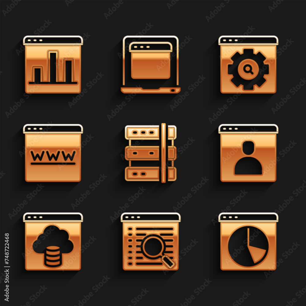 Aufkleber set server, search engine, graph chart infographic, create account screen, cloud technology data tra