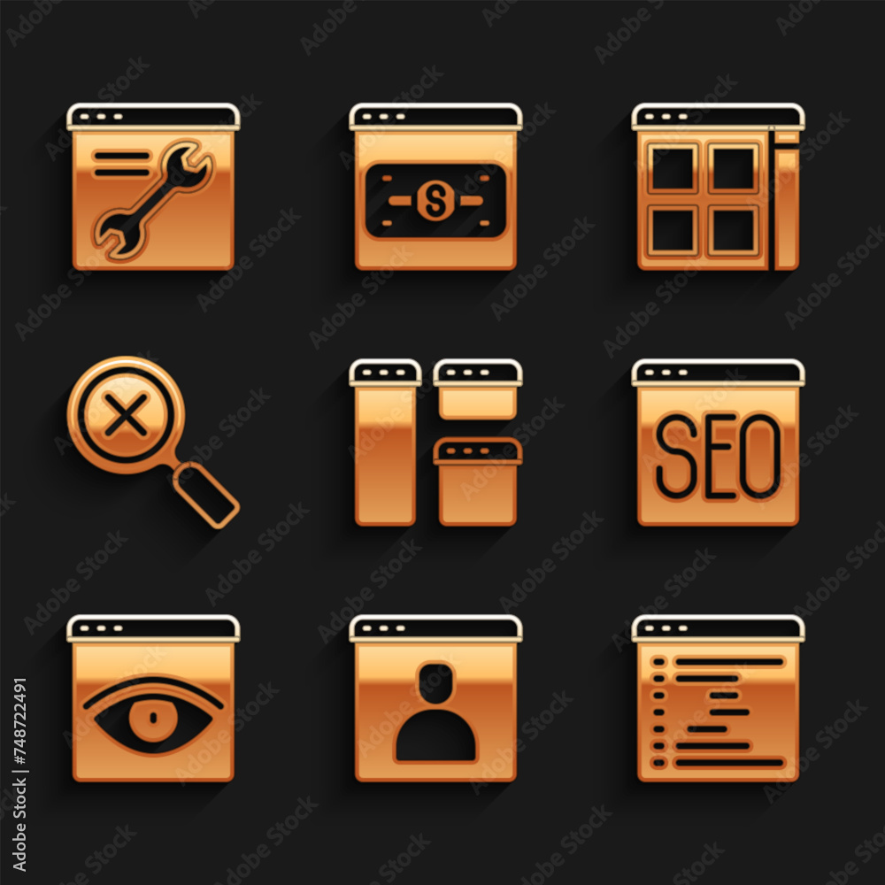 Poster set browser window, create account screen, seo optimization, incognito, magnifying glass and delete,