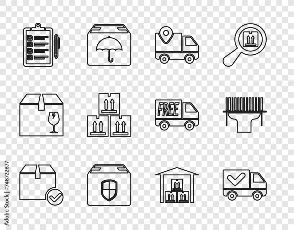 Poster set line package box with check mark, delivery truck, tracking, security shield, verification of del