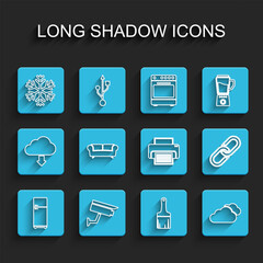 Set line Refrigerator, Security camera, Snowflake, Paint brush, Cloud, Sofa, Chain link and Printer icon. Vector