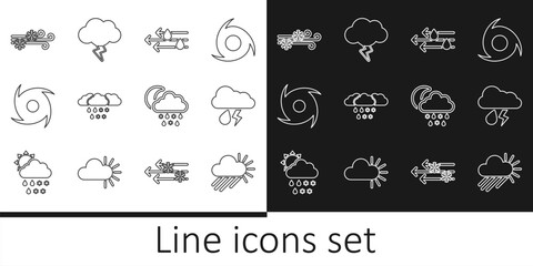 Set line Cloudy with rain and sun, lightning, Wind, snow, Tornado, rain, moon and Storm icon. Vector
