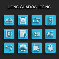 Set line Hair dryer, Earth globe, 3D cinema glasses, Upload file, UV protection, Server with shield, Radio and Air conditioner icon. Vector