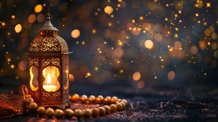A golden Ramadhan lamp with Islamic rosary beads on dark background. Ramadan - an important Islamic festival. Islamic festive greeting card photo - generative ai - obrazy, fototapety, plakaty
