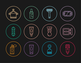 Set line Electrical hair clipper or shaver, Barbershop, Shaving razor, Cream lotion cosmetic tube, Classic pole, Towel hanger, brush and Beard and mustaches care oil bottle icon. Vector
