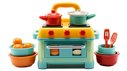 Unique Plastic Toy Kitchen with Cooking Utensils and Play Food on white background