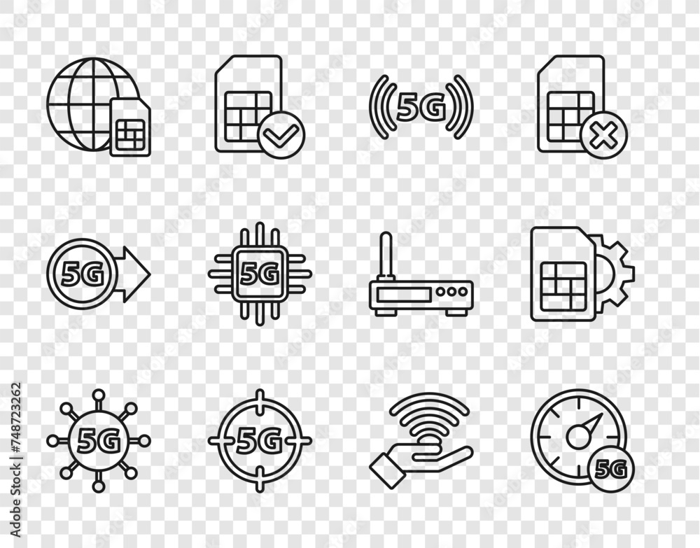 Poster set line 5g network, digital speed meter, globe sim card, processor, and card setting icon. vector
