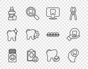 Set line Painkiller tablet, Human head with tooth, Dental clinic location, card, Mouthwash bottle, Tooth treatment procedure, whitening concept and icon. Vector