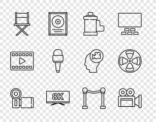 Set line Cinema camera, Camera film roll cartridge, Screen tv with 8k, Director movie chair, Microphone, Rope barrier and Film reel icon. Vector