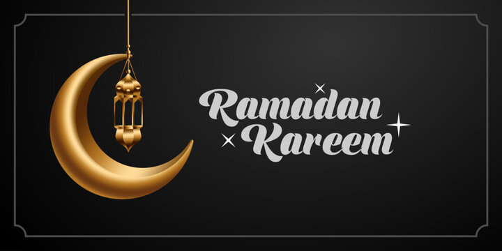 black and golden ramadan kareem greeting card vector. 3d vector modern Islamic holiday banner, Ramadan Kareem means Ramadan the Generous Month. hanging lantern and crescent moon decor illustration