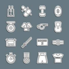 Set line T-shirt with fight club MMA, Boxing belt, Kettlebell, Dumbbell, Japanese costume Kimono, Gong, Wrestling singlet and Whistle icon. Vector