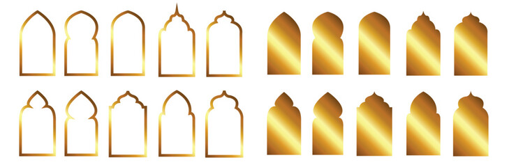 Set of golden Islamic frames, arches, windows and doors in the oriental style for Ramadan Kareem and Eid Mubarak. Arabic style gold vector illustration fill and border frames for Muslims.