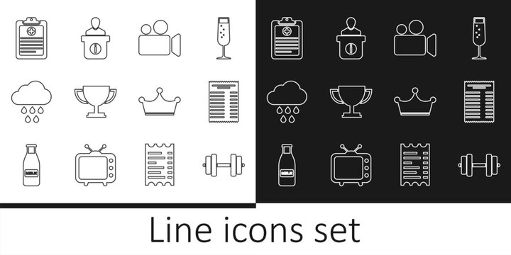 Set line Dumbbell, Paper or financial check, Movie Video camera, Trophy cup, Cloud with rain, Clinical record, Crown and Information desk icon. Vector