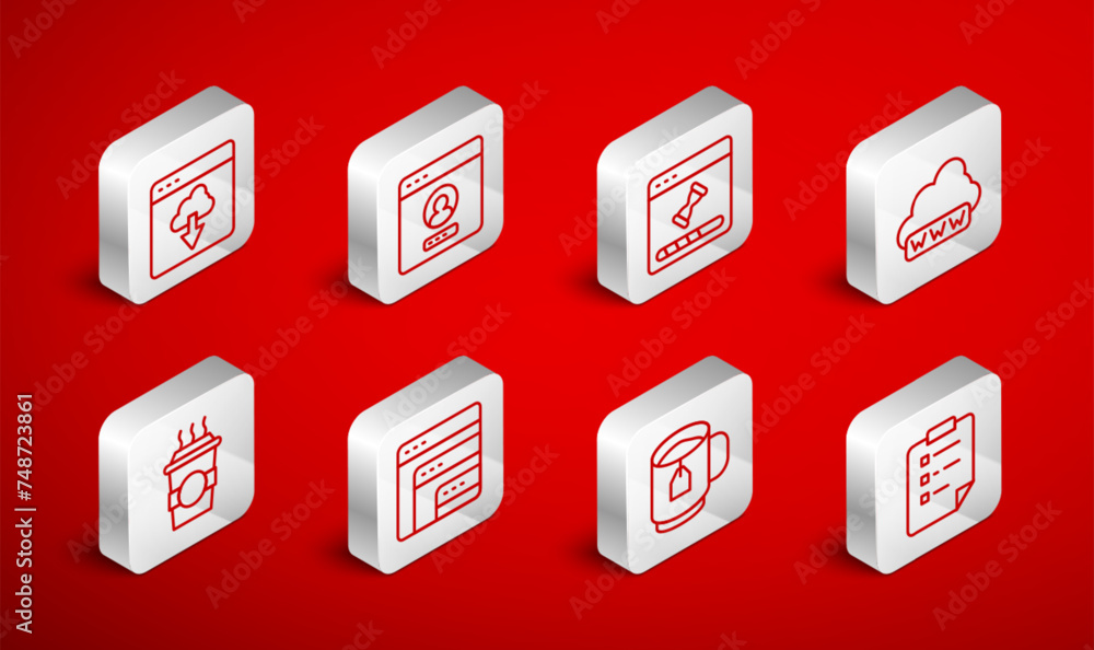 Poster set line clipboard with checklist, create account screen, loading data window, web development, cup 
